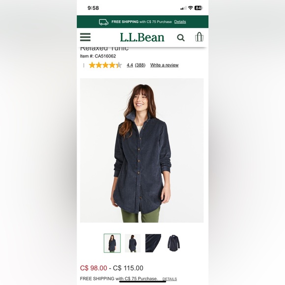 L.L.Bean Cord Tunic Shirt Jacket - Picture 6 of 6